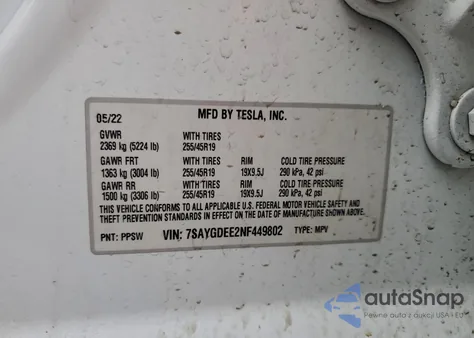 2022 Tesla Model Y z USA, uszkodzony, nr VIN 7SAYGDEE2NF449802